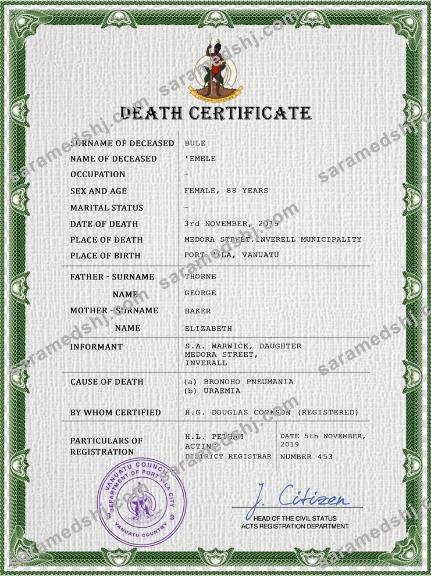Vanuatu vital record death certificate PSD template